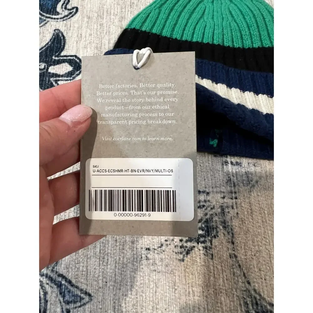 NWT Everlane Unisex Cashmere Wool Ribbed Multi-Stripe Beanie Green Navy OS